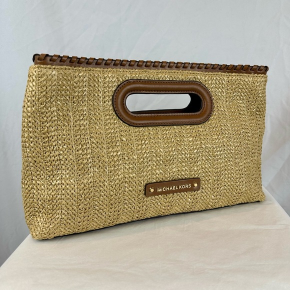 NWT Michael Kors Rosalie Clutch, Straw & Walnut Leather - Picture 1 of 6